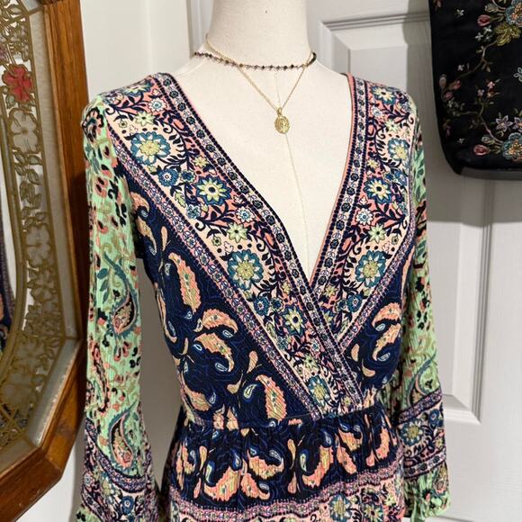 Free People Rosalie Mint Green & Peachy Orange Paisley Bell Sleeve Faux Wrap Top - Picture 2 of 8
